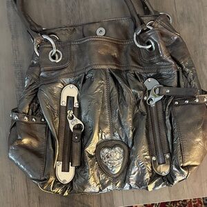 Kathy Van Zeeland Metallic Silver and Brown Satchel